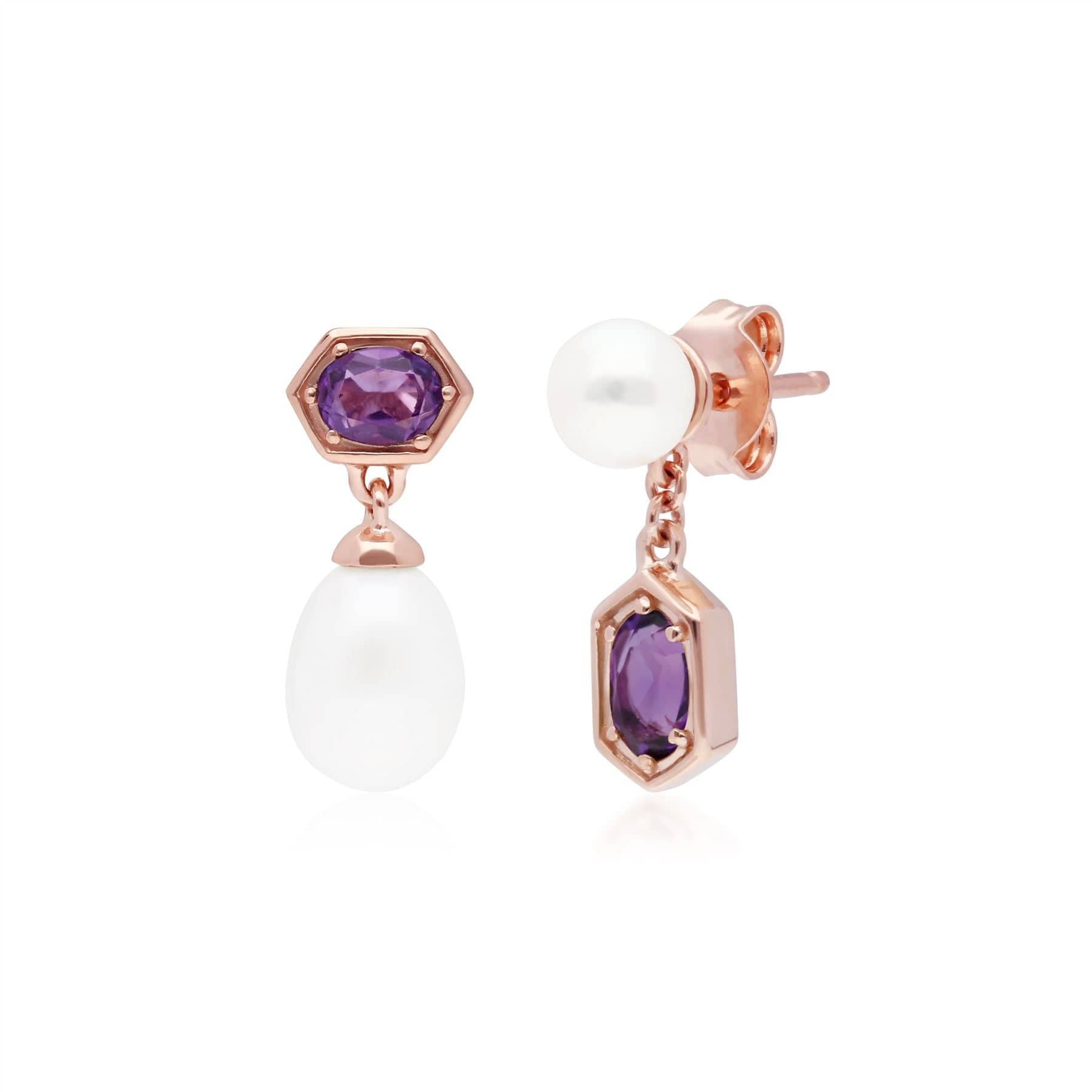 Fashionable Pearl & Amethyst Mismatched Drop Earrings in Rose Gold Plated Silver