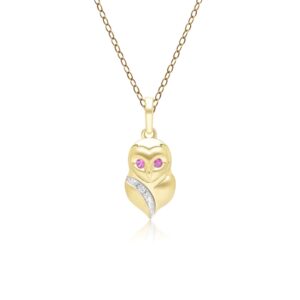 Gardenia Ruby and White Sapphire Owl Pendant Necklace in 9ct Yellow Gold