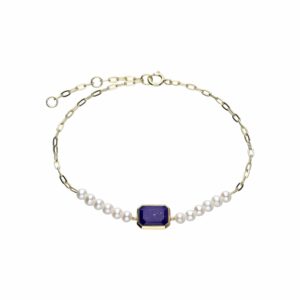 ECFEW™ Unifier Lapis Lazuli & Pearl Chain Hyperlink Bracelet In Gold Plated Sterling Silver