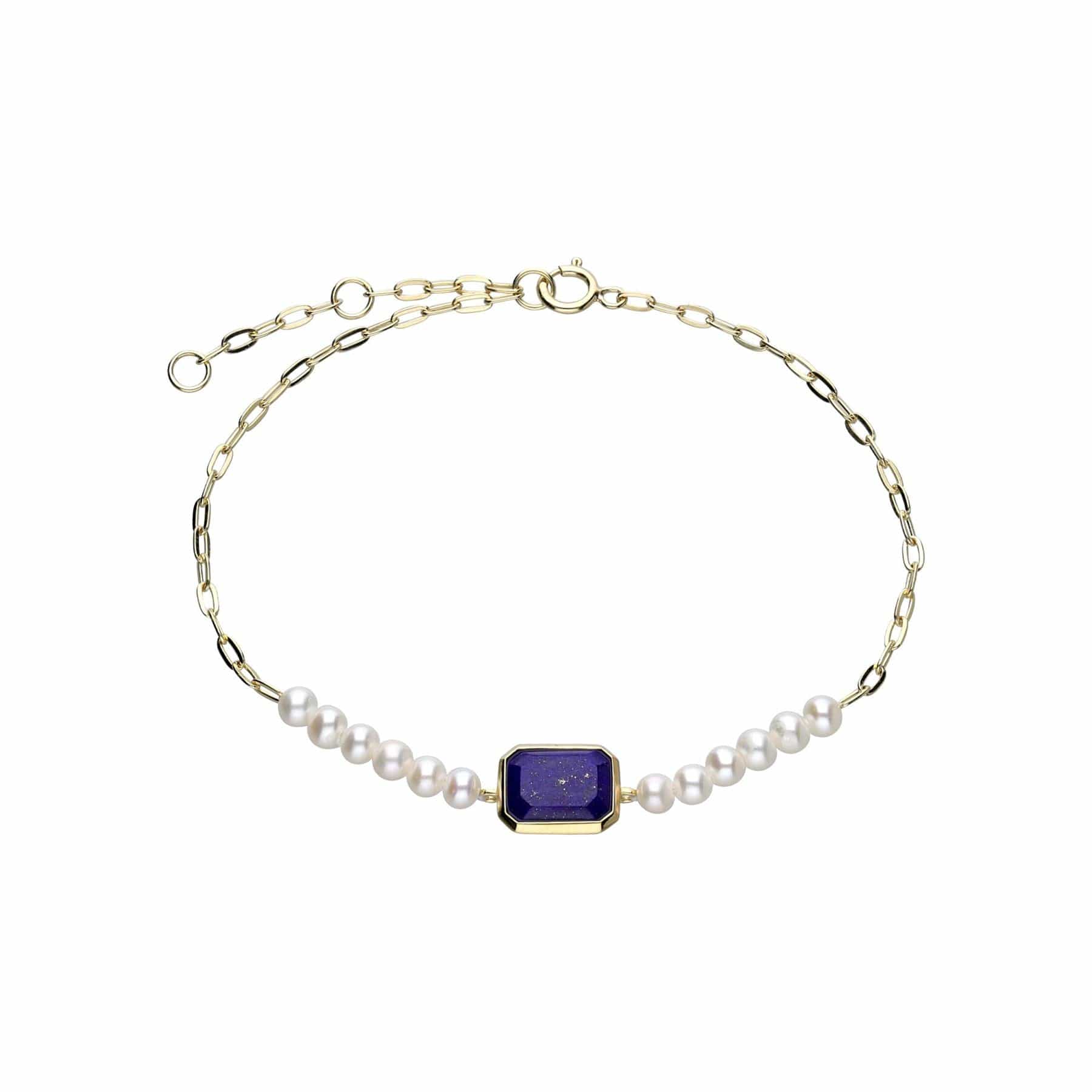 ECFEW™ Unifier Lapis Lazuli & Pearl Chain Hyperlink Bracelet In Gold Plated Sterling Silver