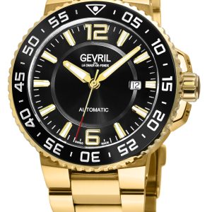 Gevril Mens RiverSide Swiss Automatic Watch, IPYG Bezel, Black Ceramic Ring, Glossy Dial, Stainelss Steel Bracelet – Gold – One Size