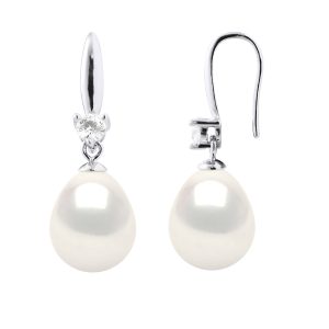 Ateliers Saint Germain Womens Earrings Silver 925 & Cubic Zirconia – 2 Real Cultured Freshwater Pearls Pear 9-10 mm – White – One Size