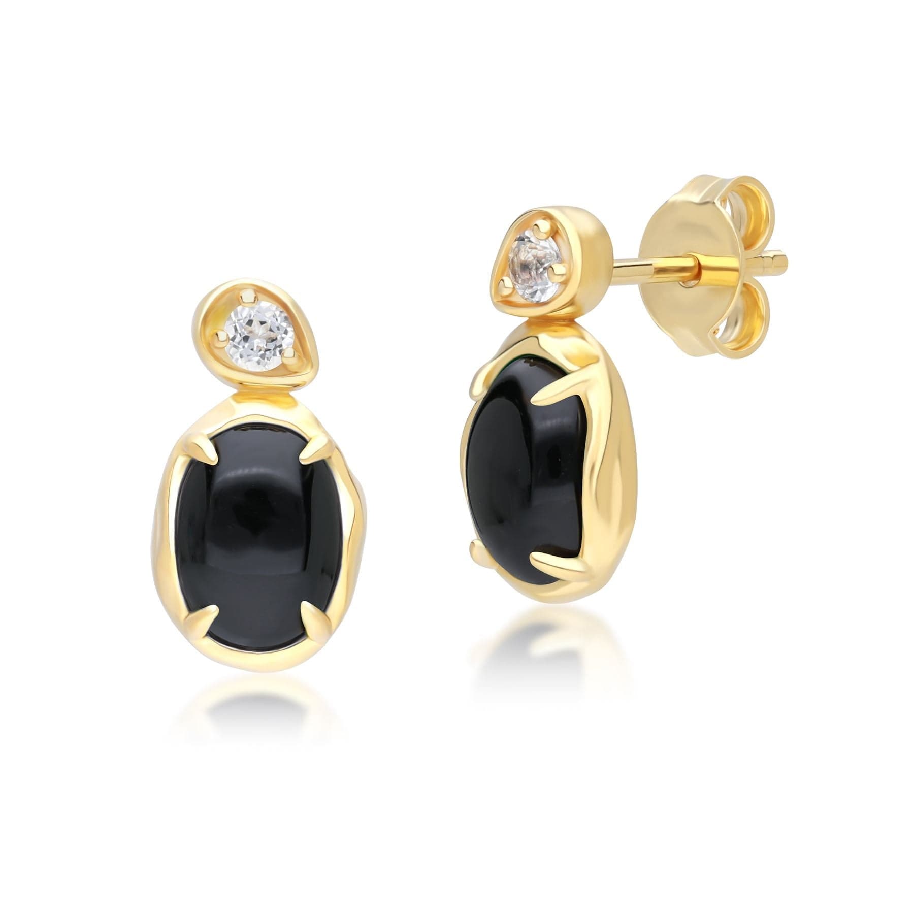Abnormal Oval Black Onyx & Topaz Drop Earrings In 18ct Gold Plated SterlIng Silver