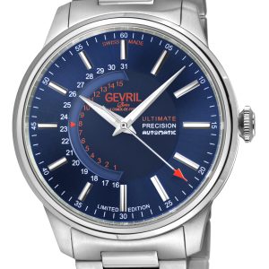 Gevril Mens Guggenheim Automatic 316L Stainless Steel Blue Dial, Satin and Polished Bracelet. – Silver – One Size