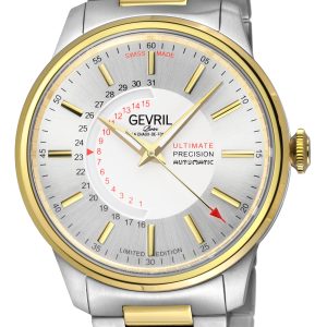 Gevril Mens Guggenheim Automatic 316L Stainless Steel Silver Dial, IP gold Satin and Polished Bracelet. – Silver & Gold – One Size