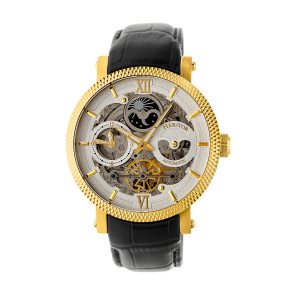Heritor Computerized Mens Aries Skeleton Leather-based-Band Watch – Black/Gold Stainless Metal – One Dimension