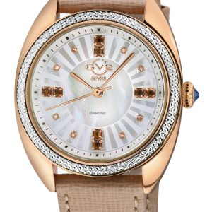 Gv2 WoMens Palermo Diamond Swiss Quartz MOP Blue Dial, Genuine Tan Handmade Leather Watch – One Size