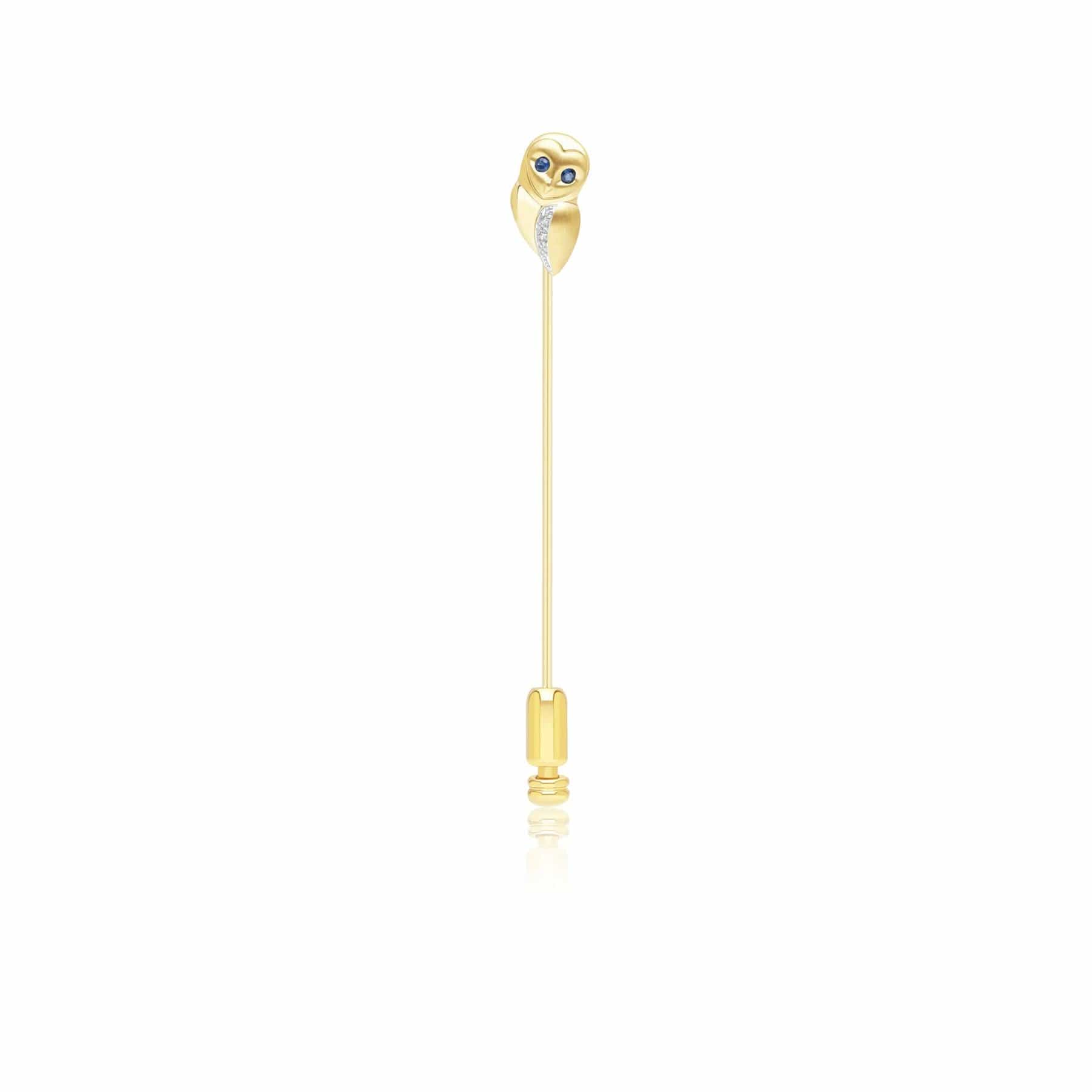 Gardenia Sapphire and White Sapphire Owl Lapel Pin in 9ct Yellow Gold