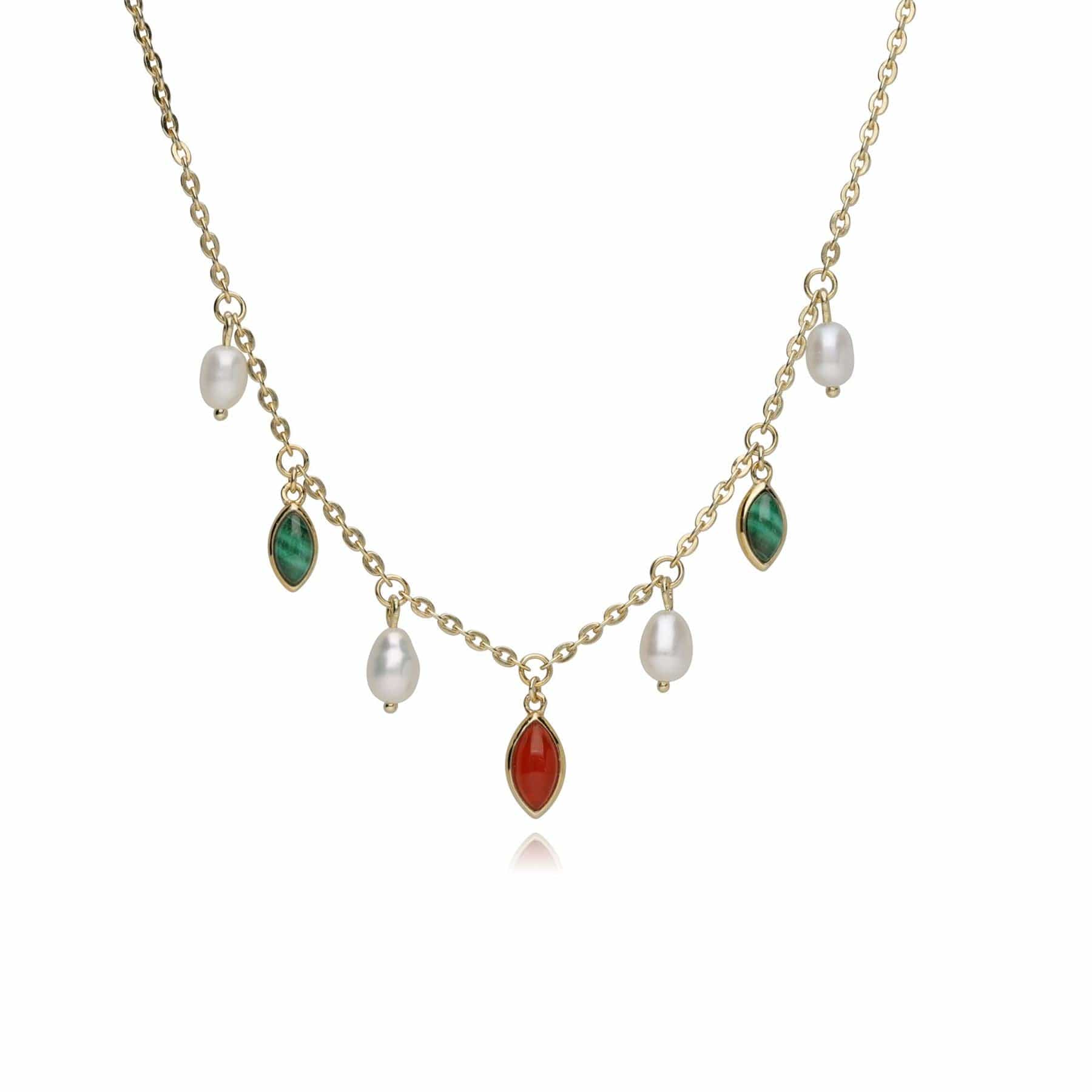 ECFEW™ Author Dyed Carnelian, Malachite & Pearl Necklace In Gold Plated Sterling Silver