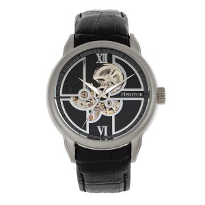 Heritor Automated Mens Sanford Semi-Skeleton Leather-based-Band Watch – Black & Silver Stainless Metal – One Dimension