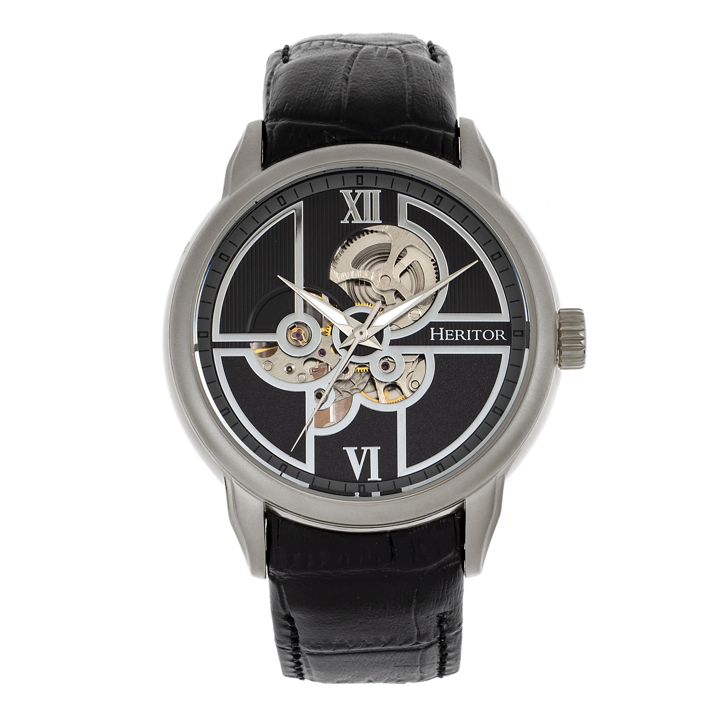 Heritor Automated Mens Sanford Semi-Skeleton Leather-based-Band Watch - Black & Silver Stainless Metal - One Dimension