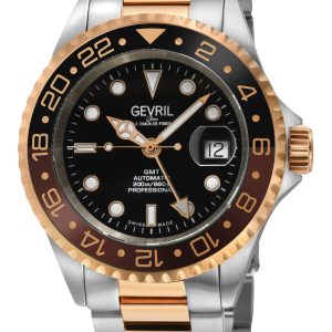 Gevril Mens Wall Side road GMT Swiss Automated Sellita SW330 Black Dial Ceramic Bezel, 316L Stainless Metal IPRG Watch – Rose Gold – One Dimension