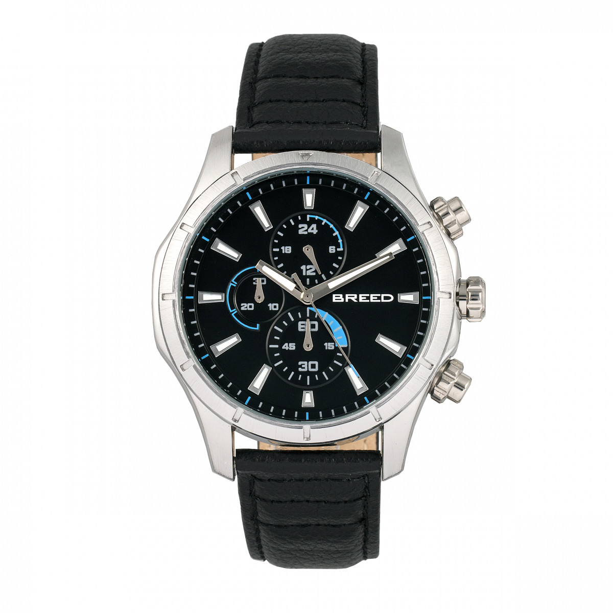 Breed Mens Lacroix Chronograph Leather-based-Band Watch - Black & Silver Stainless Metal - One Measurement