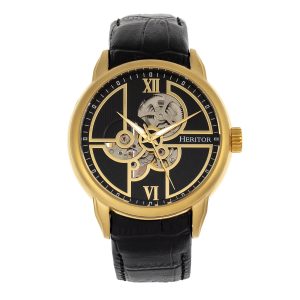 Heritor Computerized Mens Sanford Semi-Skeleton Leather-based-Band Watch – Black/Gold Stainless Metal – One Dimension