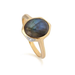 Abnormal B Gem Labradorite & Diamond Ring in Gold Plated Sterling Silver