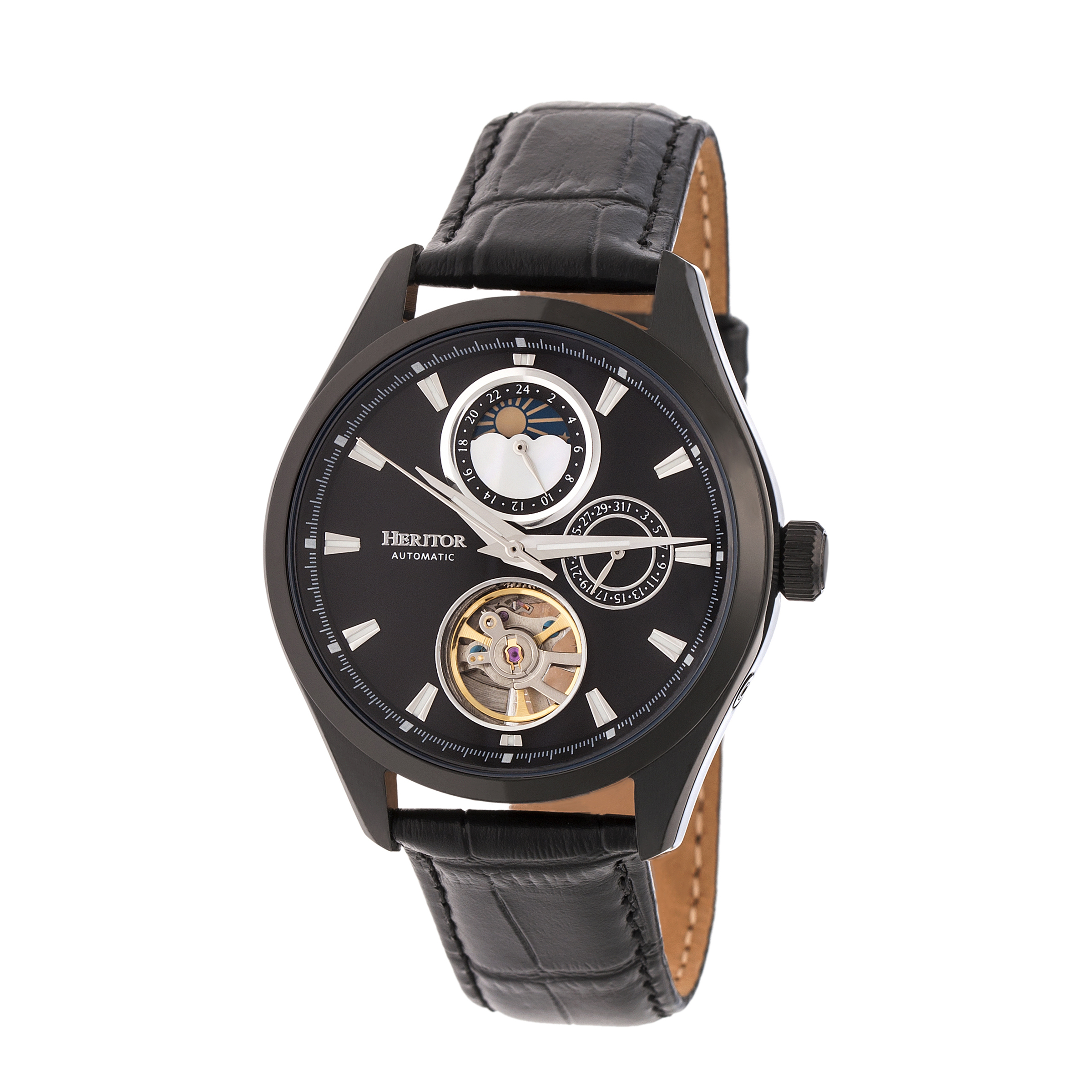 Heritor Automatic Mens Sebastian Semi-Skeleton Leather-Band Watch - Black Stainless Steel - One Size