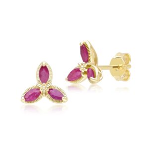 Floral Marquise Ruby Stud Earrings in 9ct Yellow Gold
