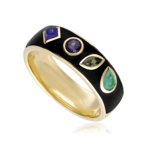 Coded Whispers Black Teeth ‘Reside’ Acrostic Gemstone Ring In Yellow Gold Plated Silver