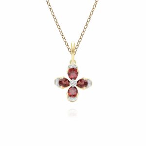 Floral Garnet & Diamond Pendant Necklace in 9ct Yellow Gold