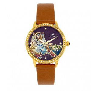 Empress Womens Diana Automatic Engraved MOP Leather-Band Watch – Camel Stainless Steel – One Size