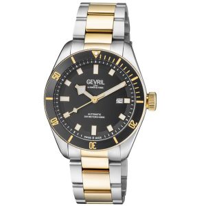 Gevril Mens Yorkville Swiss Automated Sellita SW200 Black Dial IP Yellow Gold Date Watch – Silver & Gold – One Measurement