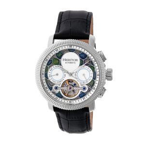 Heritor Automated Air of mystery Mens Semi-Skeleton Leather-based-Band Watch – Silver Stainless Metal – One Dimension