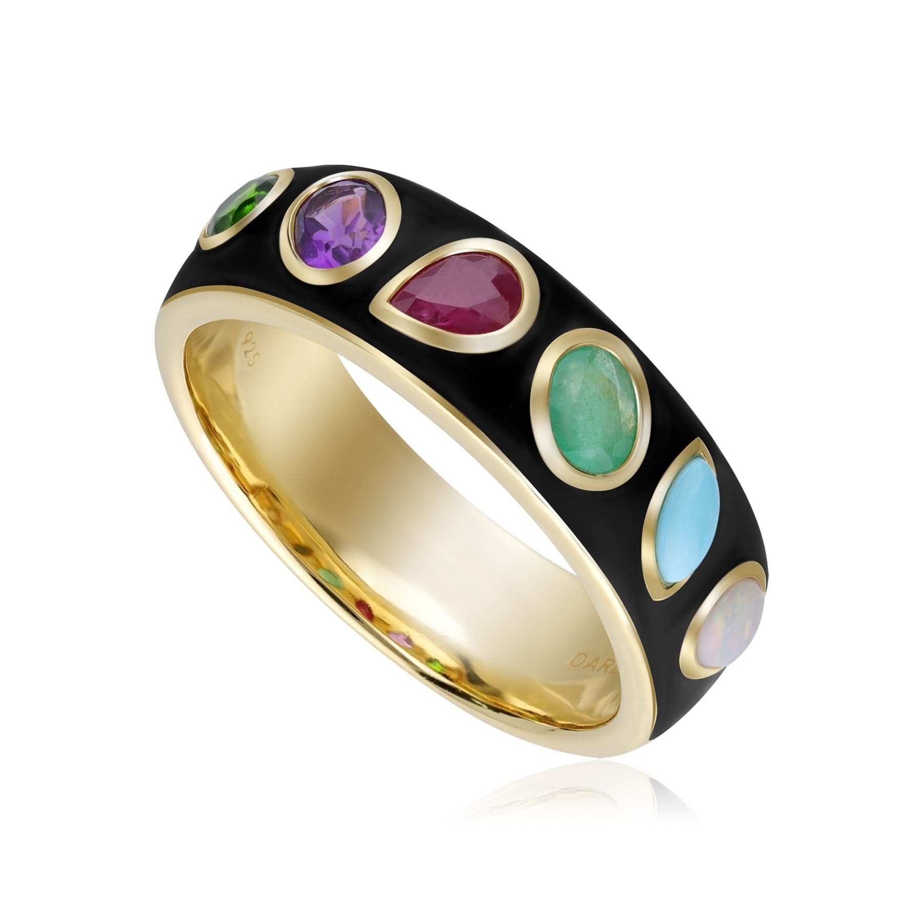 Coded Whispers Black Enamel 'Dare to' Acrostic Gemstone Ring In Yellow Gold Plated Silver