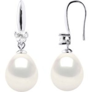 Ateliers Saint Germain Womens Earrings Silver 925 & Cubic Zirconia – 2 Real Cultured Freshwater Pearls Pear 9-10 mm – White – One Size