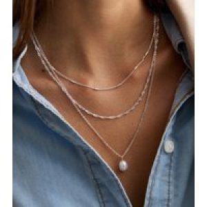 Silver Triple Chain Pretend Pearl Pendant Necklace New Glance