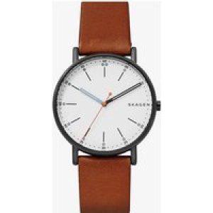 Skagen Mens Signatur Stainless Steel White Dial Brown Leather Strap Watch SKW6374