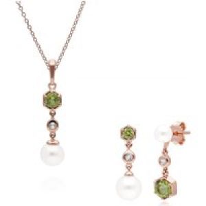 Trendy Pearl, Peridot & Topaz Pendant & Earring Set in Rose Gold Plated Silver