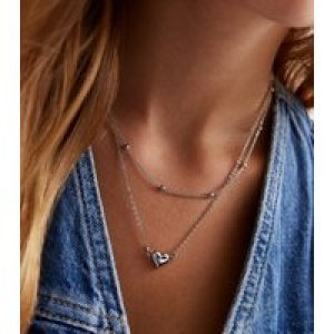 Silver Middle & Ball 2 Row Layered Chain Necklace New Glance
