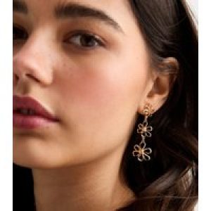 Gold Triple Flower CutOut Chain Drop Earrings New Glance