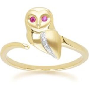 Gardenia Ruby and White Sapphire Owl Ring in 9ct Yellow Gold