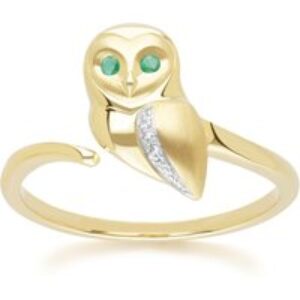 Gardenia Emerald and White Sapphire Owl Ring in 9ct Yellow Gold