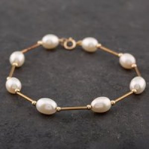Pre-Owned Yellow Gold Fresh Water Pearl & Bar 7.5 Inch Chain Bracelet 41061102