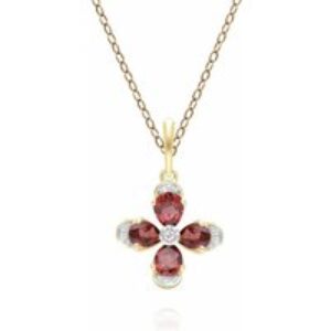 Floral Garnet & Diamond Pendant Necklace in 9ct Yellow Gold