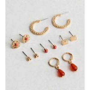 9 Pack Vivid Orange Blended Resin Hoop and Stud Earrings New Glance