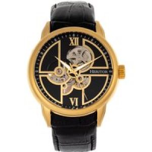 Heritor Computerized Mens Sanford Semi-Skeleton Leather-based-Band Watch – Black/Gold Stainless Metal – One Dimension