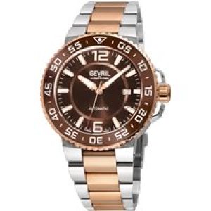 Gevril Mens RiverSide Swiss Automatic Watch, IPRG Bezel, Brown Ceramic Ring, Glossy Dial, Two toned SS/IPRG Stainelss Steel Bracelet – Silver & Gold – One Size