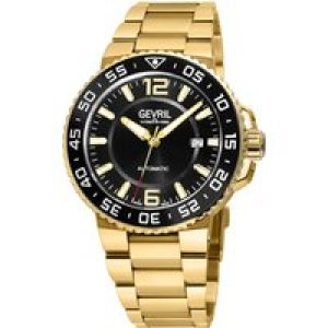 Gevril Mens RiverSide Swiss Automatic Watch, IPYG Bezel, Black Ceramic Ring, Glossy Dial, Stainelss Steel Bracelet – Gold – One Size