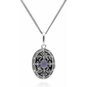 Artwork Nouveau Taste Oval Dyed Pink Jade & Marcasite Locket Necklace in 925 Sterling Silver