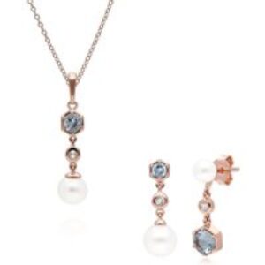 Fashionable Pearl, Aquamarine & Topaz Pendant & Earring Set in Rose Gold Plated Silver
