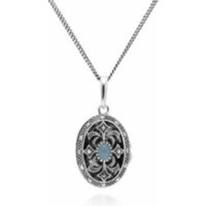 Artwork Nouveau Taste Oval Dyed Inexperienced Jade & Marcasite Locket Necklace in 925 Sterling Silver