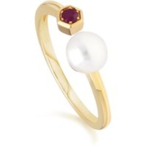 Fashionable Pearl & Ruby Open Ring in 9ct Gold