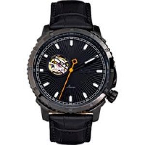 Reign Mens Bauer Automated Semi-SkeletonLeather-Band Watch – Black Stainless Metal – One Measurement