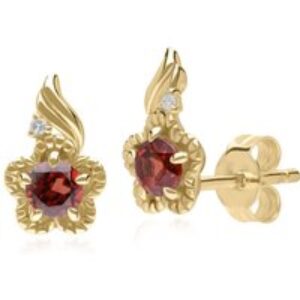 Floral Spherical Garnet & Diamond Stud Earrings in 9ct Yellow Gold