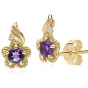 Floral Spherical Amethyst & Diamond Stud Earrings in 9ct Yellow Gold