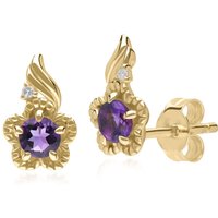 Floral Spherical Amethyst & Diamond Stud Earrings in 9ct Yellow Gold - Image 2
