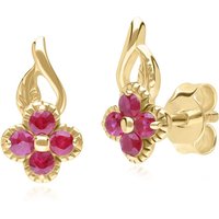 Floral Spherical Ruby Stud Earrings in 9ct Yellow Gold - Image 2